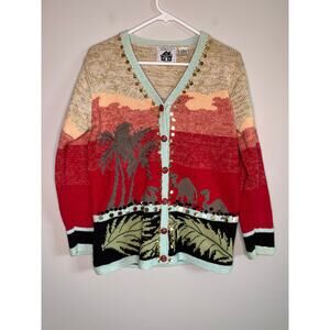 1990s Storybook Knits Desert Camels Palm Trees Sequin Sunset Scenic Cardigan S